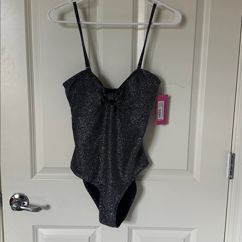 Betsey Johnson Swimsuit Small One Piece Black Metallic Silver Sparkle Retro